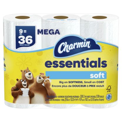 Picture of Charmin Essentials Soft Mega 2-Ply Toilet Paper Rolls, 4in x 4-1/2in, 330 Sheets Per Roll, White, Pack Of 9 Rolls