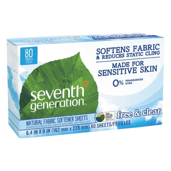 Picture of Seventh Generation Free & Clear Natural Fabric Softener Sheets, 6-3/8in x 9in, Box Of 80 Sheets