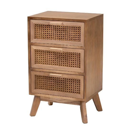 Picture of Baxton Studio Baden Nightstand With Rattan, 3-Drawer, 26inH x 15-3/4inW x 11-13/16inD, Natural/Walnut Brown