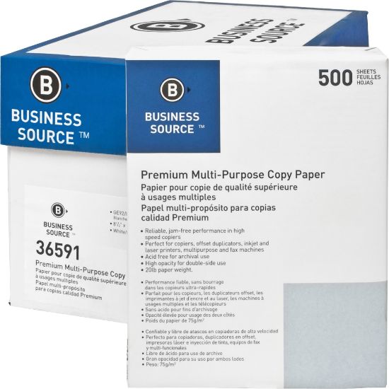 Picture of Business Source Premium Printer & Copy Paper, White, Letter (8.5in x 11in), 200000 Sheets Per Pallet, 20 Lb, 92 Brightness, Case Of 10 Reams