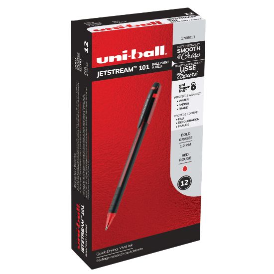 Picture of uni-ball Jetstream 101 Rollerball Pens, Medium Point, 1.0mm, Assorted Barrels, Red Ink, Pack Of 12