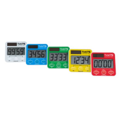 Picture of Learning Advantage Dual Power Timers, 2-9/16inH x 2-9/16inW x 1/2inD, Assorted Colors, Pack Of 5 Timers