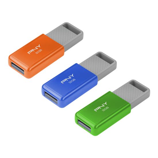 Picture of PNY USB 2.0 Flash Drives, 32GB, Assorted Colors, Pack Of 3 Drives