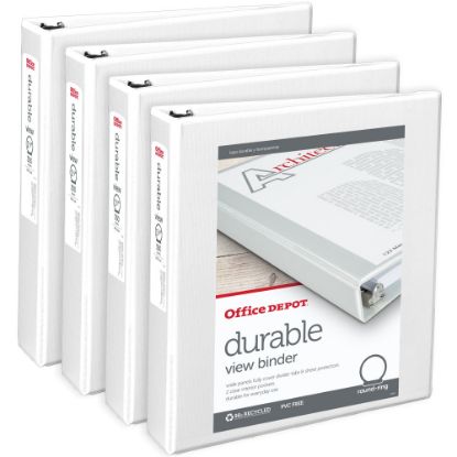 Picture of Office Depot Brand Durable View 3-Ring Binder, 1 1/2in Round Rings, White, Pack Of 4