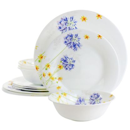 Picture of Gibson Ultra Violet Floral 12-Piece Tempered Opal Glass Dinnerware Set, Yellow