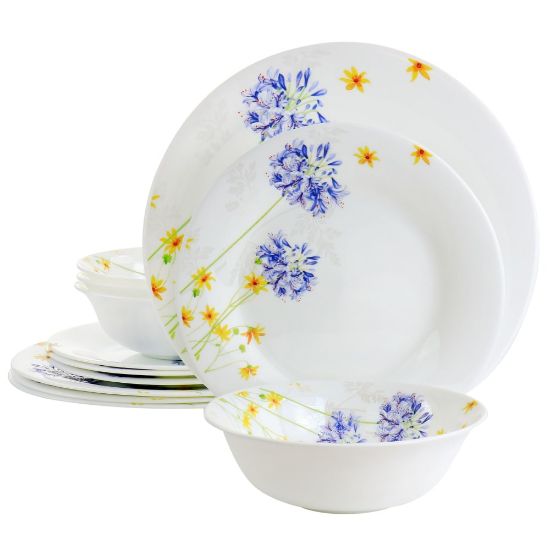 Picture of Gibson Ultra Violet Floral 12-Piece Tempered Opal Glass Dinnerware Set, Yellow