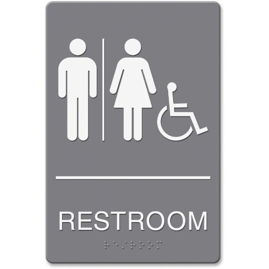 Picture of HeadLine Restroom/Wheelchair Image Indoor Sign - 1 Each - Restroom (Man/Woman/Wheelchair) Print/Message - 6in Width x 9in Height - Rectangular Shape - Double-sided - Plastic - Gray, White