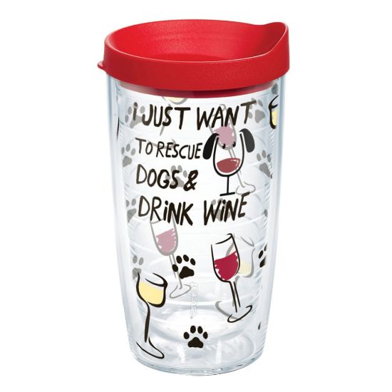 Picture of Tervis Project Paws Tumbler With Lid, I Just Want to Rescue Dogs & Drink Wine, 16 Oz, Clear/Red