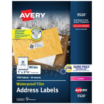 Picture of Avery Waterproof Address Labels With Ultrahold, 5520, Rectangle, 1in x 2-5/8in, White, 1,500 Labels For Laser Printers