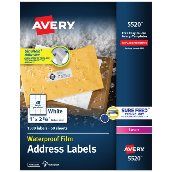 Picture of Avery Waterproof Address Labels With Ultrahold, 5520, Rectangle, 1in x 2-5/8in, White, 1,500 Labels For Laser Printers