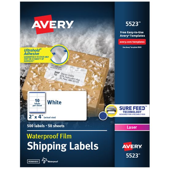 Picture of Avery Waterproof Labels With Ultrahold, 05523, Rectanlge, 2in x 4in, White, 500 Labels For Laser Printers