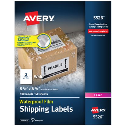 Picture of Avery Waterproof Shipping Labels With Ultrahold, 5526, Rectangle, 5-1/2in x 8-1/2in, White, 100 Labels For Laser Printers