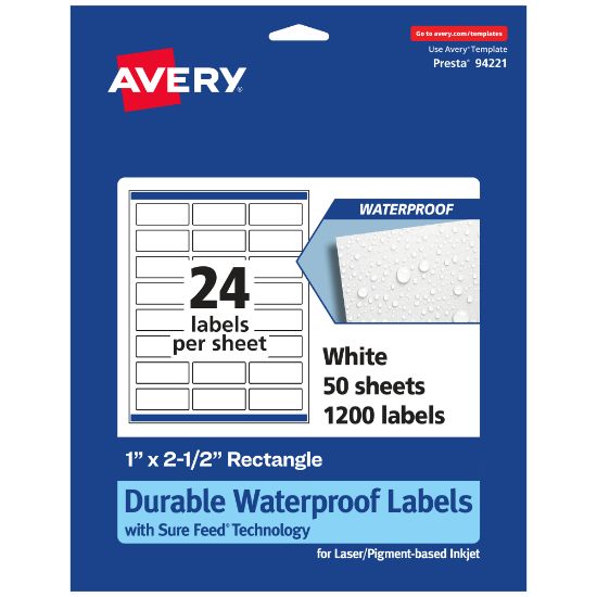 Picture of Avery Waterproof Permanent Labels With Sure Feed, 94221-WMF50, Rectangle, 1in x 2-1/2in, White, Pack Of 1,200