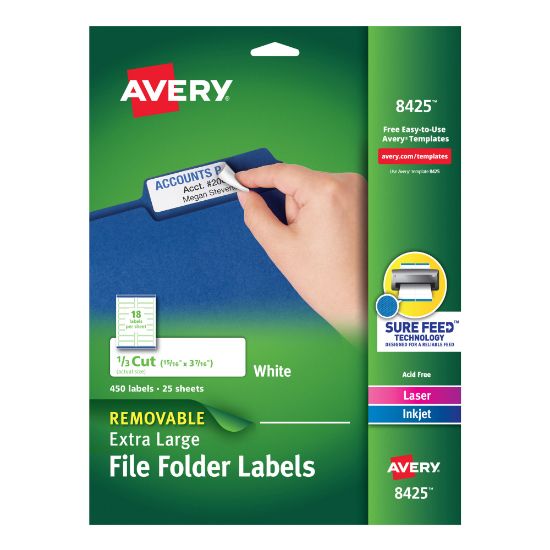 Picture of Avery Removable Extra-Large File Folder Labels, Sure Feed Technology, Removable Adhesive, White, 15/16in x 3-7/16in, 450 Labels (8425)