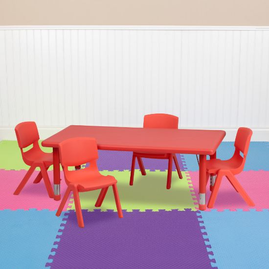 Picture of Flash Furniture Rectangular Plastic Height-Adjustable Activity Table With 4 Chairs, 23-3/4inH x 24inW x 48inD, Red