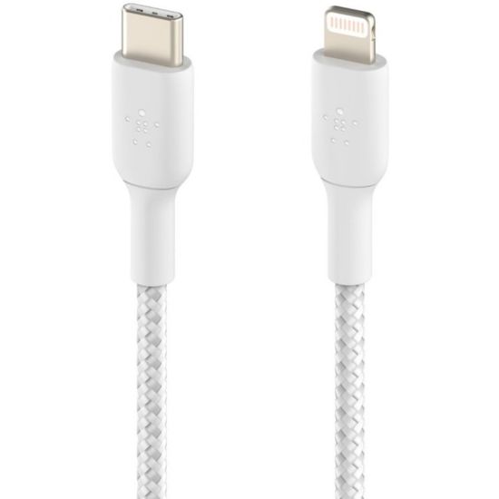 Picture of Belkin Braided USB-C to Lightning Cable (2m / 6.6ft, White) - 6.60 ft Lightning/USB-C Data Transfer Cable for iPad, iPad Pro, iPad mini, iPad Air, iPhone - First End: 1 x USB Type C - Male - Second End: 1 x Lightning - Male - White