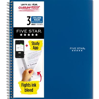 Picture of Five Star Wire-Bound Notebook, 8-1/2in x 11in, 3 Subject, College Ruled, 150 Sheets, Pacific Blue