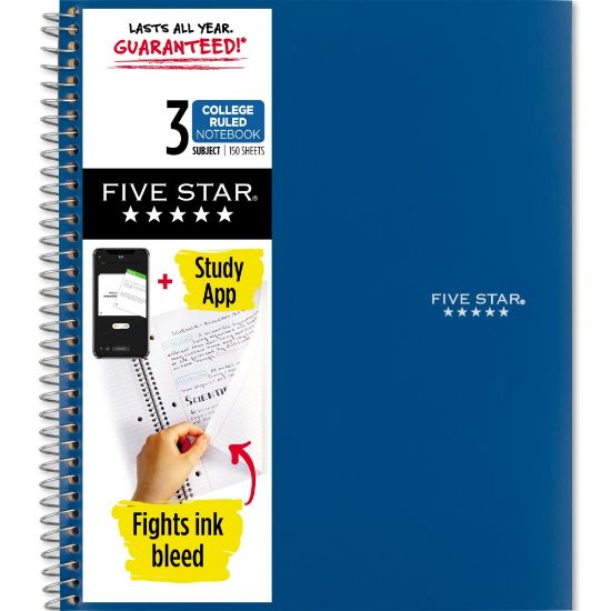 Picture of Five Star Wire-Bound Notebook, 8-1/2in x 11in, 3 Subject, College Ruled, 150 Sheets, Pacific Blue