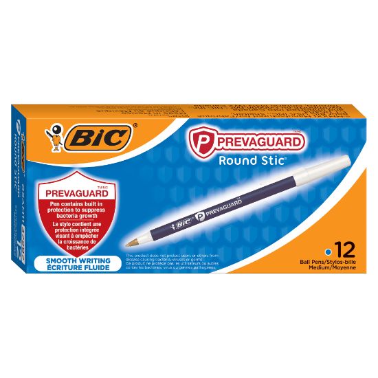 Picture of BIC Prevaguard Round Stic Pens, Medium Point With Antimicrobial Additive, 1.0 mm, Blue Barrel, Blue Ink, Pack Of 12 Pens