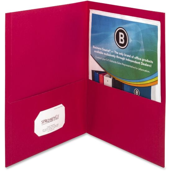 Picture of Business Source Letter Pocket Folder - 8 1/2in x 11in - 100 Sheet Capacity - 2 Inside Front & Back Pocket(s) - Paper - Red - 25 / Box