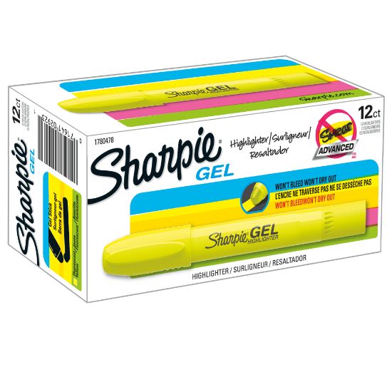 Picture of Sharpie Gel Highlighters, Bullet Tip, Fluorescent Yellow, 12 Count