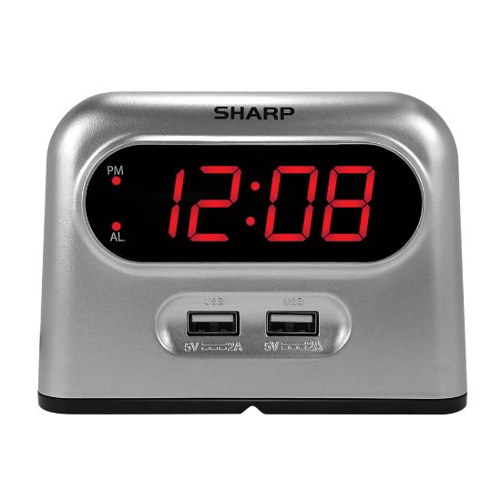 Picture of Sharp Digital Alarm Clock With USB Charging, 3-7/16inH x 4-11/16inW x 2-1/4inD, Silver