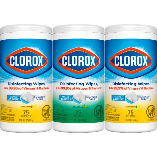 Picture of Clorox Disinfecting Wipes, 7in x 8in, Fresh Scent/Citrus Blend, 75 Wipes Per Canister, Pack Of 3 Canisters