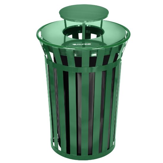 Picture of Alpine Industries Metal Slatted Outdoor Commercial Trash Can Receptacle With Rain Bonnet Lid And Liner, 38 Gallons, Green