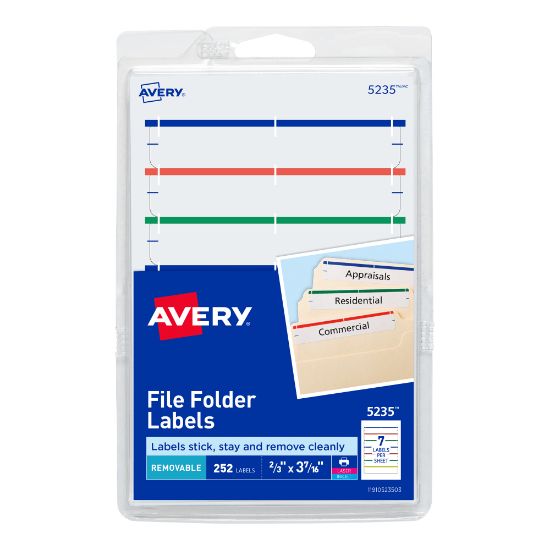 Picture of Avery Removable File Folder Labels On 4in x 6in Sheets, 5235, Rectangle, 2/3in x 3-7/16in, Assorted, Pack Of 252