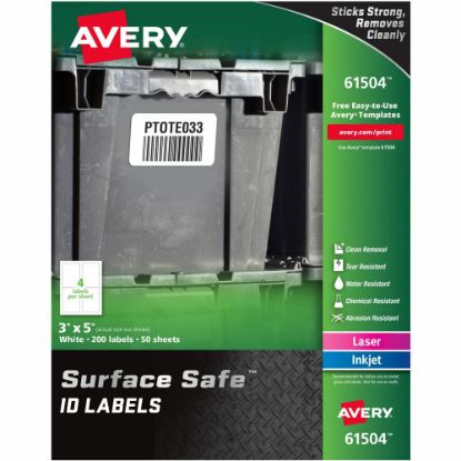 Picture of Avery Surface Safe ID Labels - Removable Adhesive - 3in Width x 5in Length - Rectangle - Laser, Inkjet - White - Polyester - 4 / Sheet - 50 Total Sheets - 200 / Pack