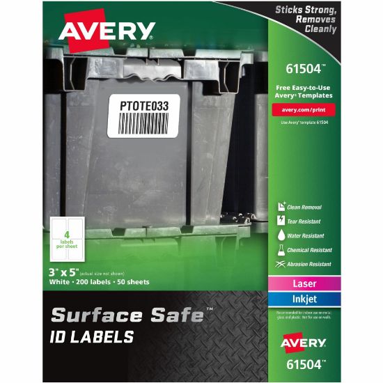 Picture of Avery Surface Safe ID Labels - Removable Adhesive - 3in Width x 5in Length - Rectangle - Laser, Inkjet - White - Polyester - 4 / Sheet - 50 Total Sheets - 200 / Pack