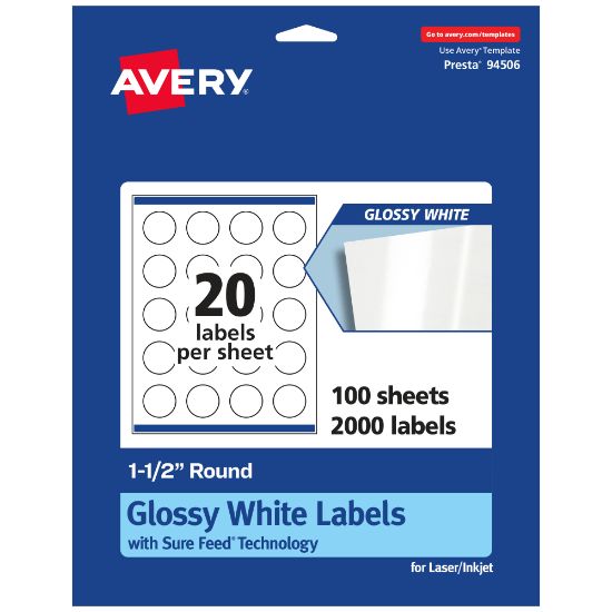 Picture of Avery Glossy Permanent Labels With Sure Feed, 94506-WGP100, Round, 1-1/2in Diameter, White, Pack Of 2,000