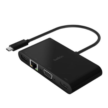 Picture of Belkin USB-C Multiport Adapter, USB-C to HDMI - USB A 3.0 - VGA, up to 100W Power Delivery, up 4k Resolution - for Notebook - 100 W - USB Type C - 1 x USB 3.0 - USB Type-C - Network (RJ-45) - HDMI - VGA - Wired