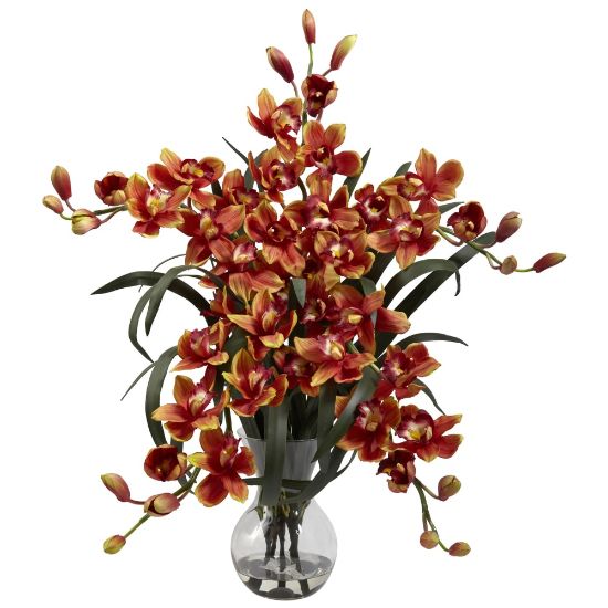 Picture of Nearly Natural 34inH Cymbidium Arrangement With Glass Vase, Burgundy