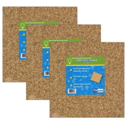 Picture of Flipside Cork Tiles, 6inH x 6inW x 1/8inD, Natural, 4 Tiles Per Pack, Set Of 3 Packs