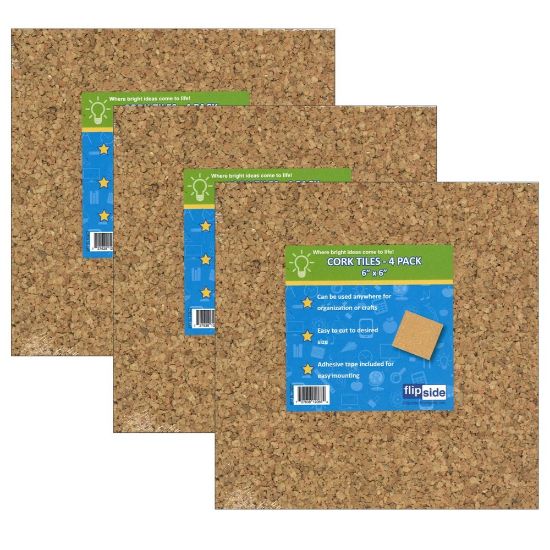 Picture of Flipside Cork Tiles, 6inH x 6inW x 1/8inD, Natural, 4 Tiles Per Pack, Set Of 3 Packs