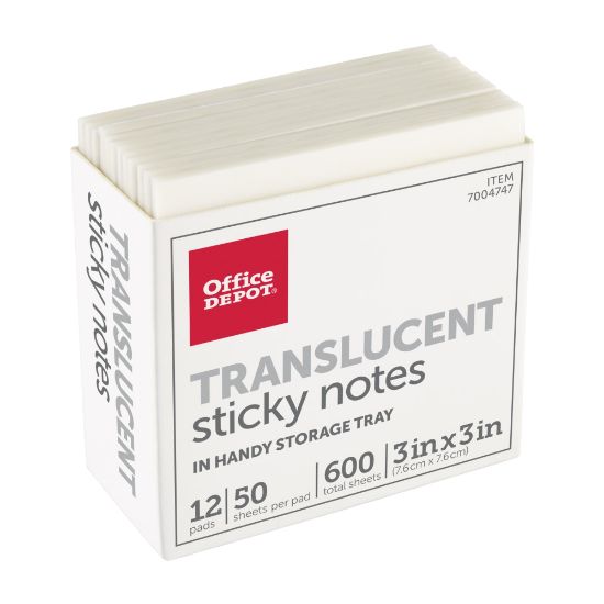 Picture of Office Depot Brand Translucent Sticky Notes, With Storage Tray, 3in x 3in, Clear, 50 Notes Per Pad, Pack Of 12 Pads