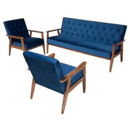 Picture of Baxton Studio Mid-Century Modern Velvet 3-Piece Living Room Set, Navy Blue/Walnut