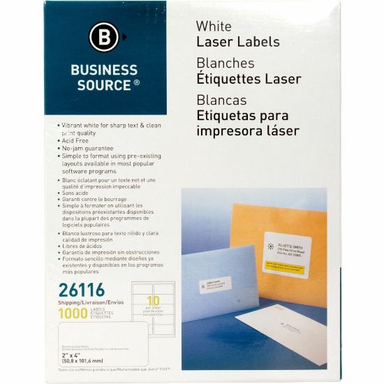 Picture of Business Source Bright White Premium-quality Shipping Labels - 2in Width x 4in Length - Permanent Adhesive - Rectangle - Laser, Inkjet - White - 10 / Sheet - 100 Total Sheets - 1000 / Pack - Lignin-free, Jam-free