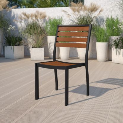 Picture of Flash Furniture Lark Outdoor Faux Teak Poly Slat Armless Side Chair, Teak/Black