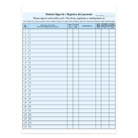 Picture of HIPAA Compliant Bilingual Patient/Visitor Privacy 2-Part Sign-In Sheets, 8-1/2in x 11in, Blue, Pack Of 125 Sheets