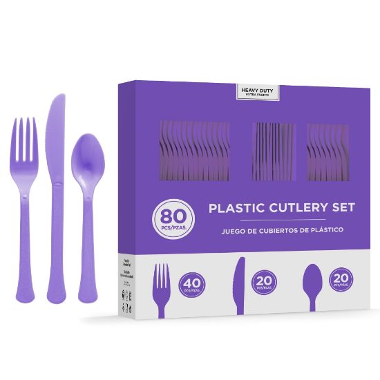 Picture of Amscan 8016 Solid Heavyweight Plastic Cutlery Assortments, Purple, 80 Pieces Per Pack, Set Of 2 Packs