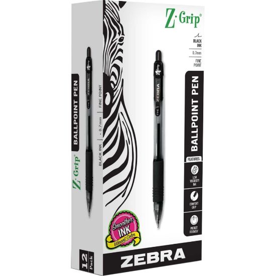 Picture of Zebra Pen Z-Grip Retractable Ballpoint Pens - 0.7 mm Pen Point Size - Retractable - Black - 1 Dozen