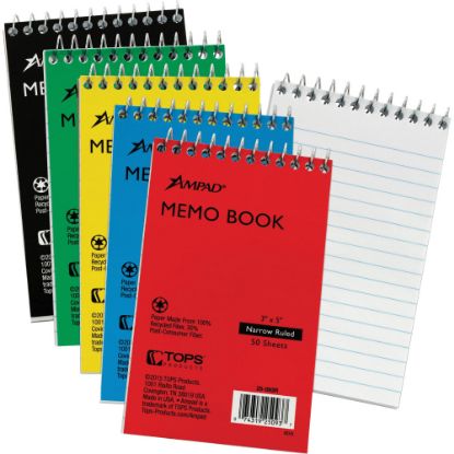 Picture of Ampad Memo Book, 3in x 5in, 50 Sheets, 100% Recycled, Assorted Colors, Pack Of 5