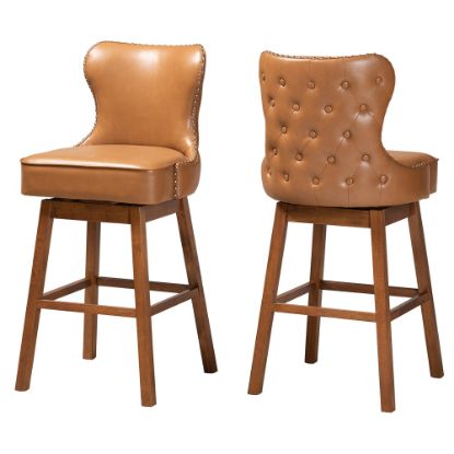 Picture of Baxton Studio Gradisca Faux Leather Swivel Bar Stools, Tan/Walnut, Set Of 2 Stools