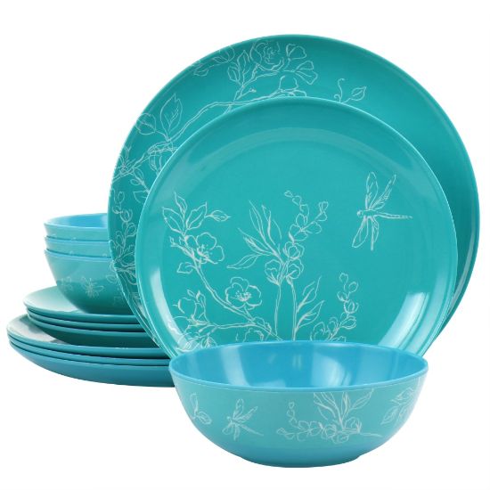 Picture of Martha Stewart 12-Piece Leafy Floral Melamine Dinnerware Set, Turquoise