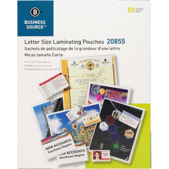 Picture of Business Source Letter Size Laminating Pouches - Sheet Size Supported: Letter 8.50in Width x 11in Length - Laminating Pouch/Sheet Size: 9in Width x 11.50in Length x 5 mil Thickness - for Photo, Document, ID Badge, Recipe - Pre-trimmed - Clear - 50 / Box