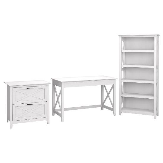 Picture of Bush Furniture Key West 48inW Writing Desk With 2-Drawer Lateral File Cabinet And 5-Shelf Bookcase, Pure White Oak, Standard Delivery