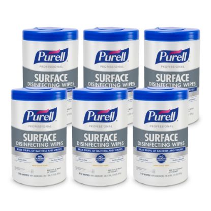 Picture of PURELL Professional Surface Disinfecting Wipes, Citrus Scent, 110 Count Canister, 7inx 8in Wipes, Pack of 6 Canisters