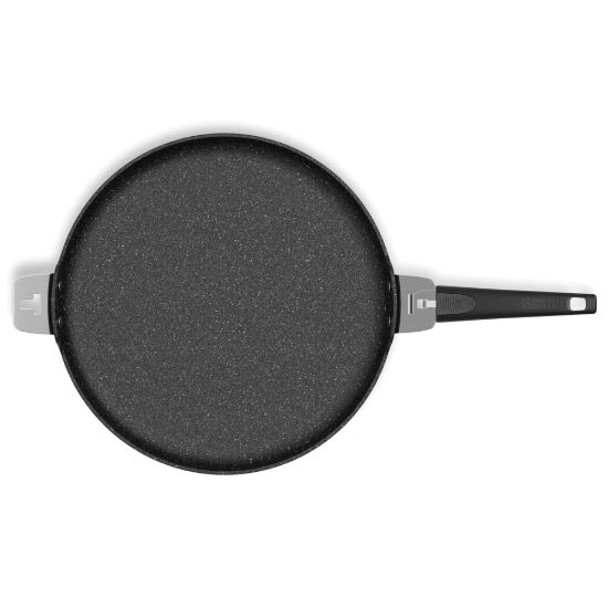 Picture of The Rock 12.5-Inch Pizza Pan/Flat Griddle with T-Lock Detachable Handle - Dishwasher Safe - Oven Safe - Black